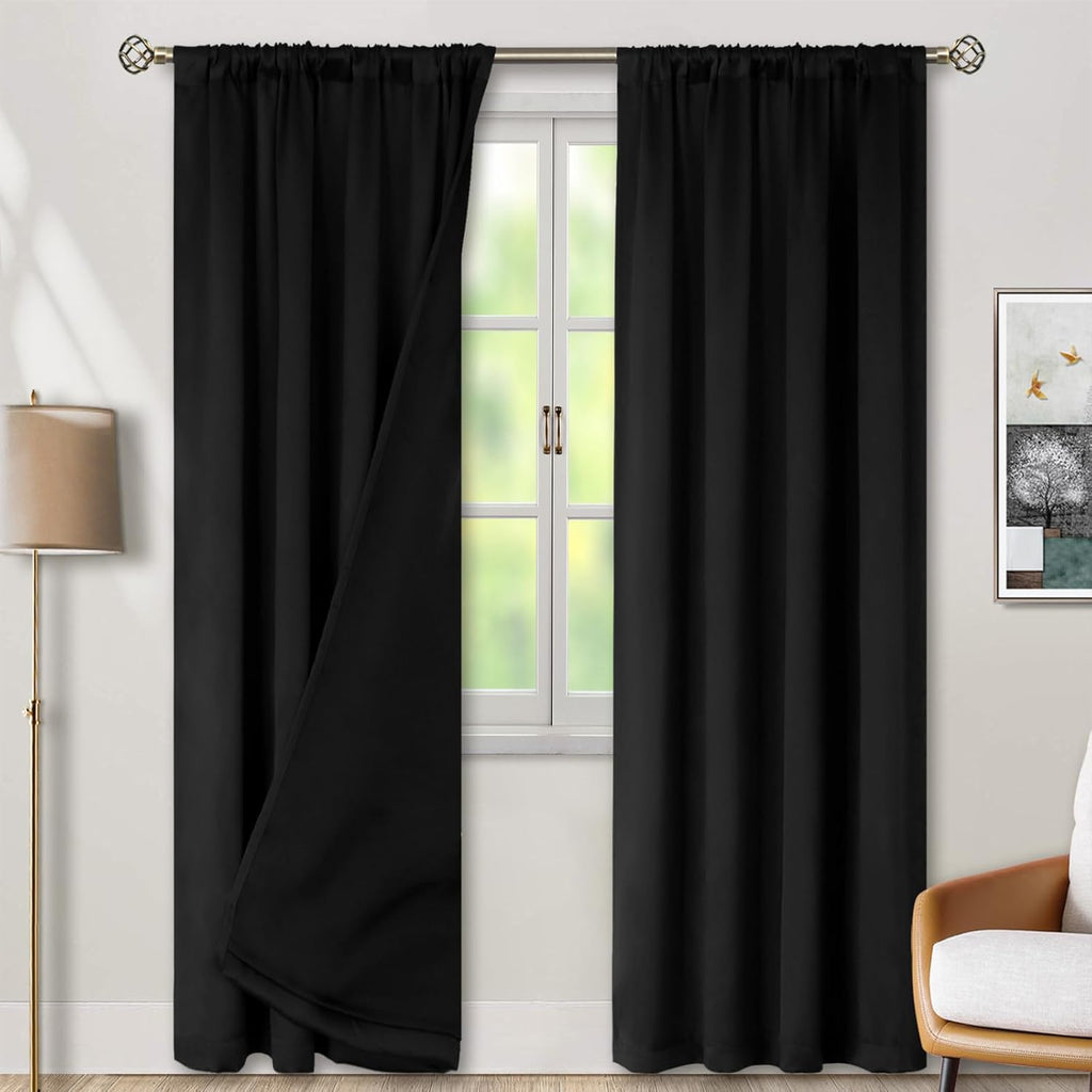 BGment Black Blackout Curtains for Bedroom 90 Inch Length, Rod Pocket 100% Blackout Curtains with Thermal Liner Room Darkening Curtains…