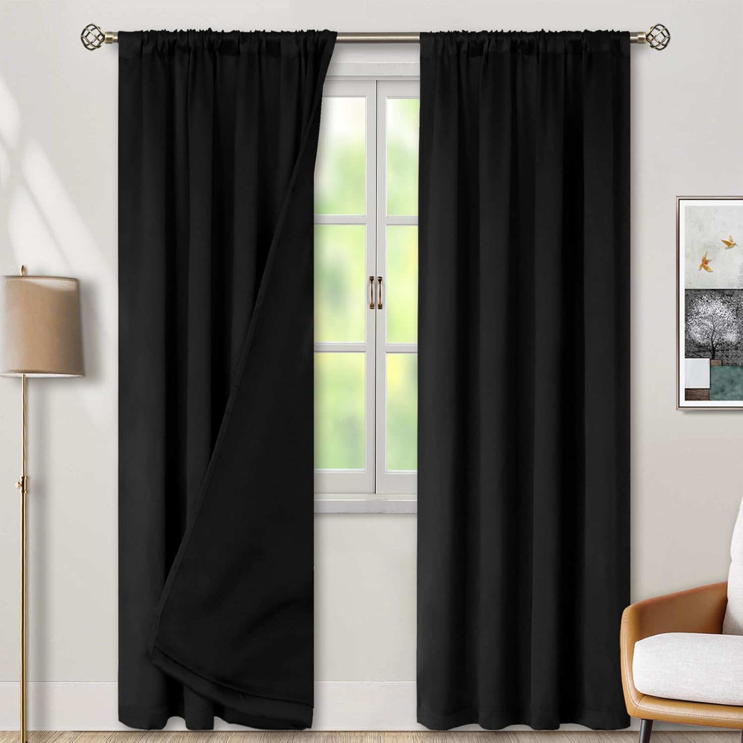 BGment Black Blackout Curtains for Bedroom 90 Inch Length, Rod Pocket 100% Blackout Curtains with Thermal Liner Room Darkening Curtains…