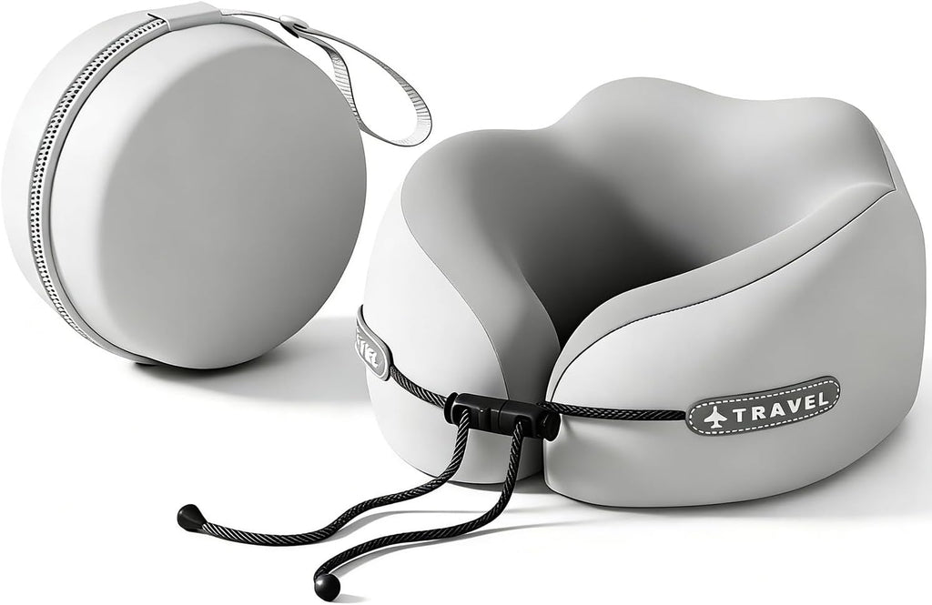 Ziurfys Travel Neck Pillow with Storage Case, 100% Pure Memory Foam, Airplane Head Support for Flight Sleeping, Portable, Gray (Gray…