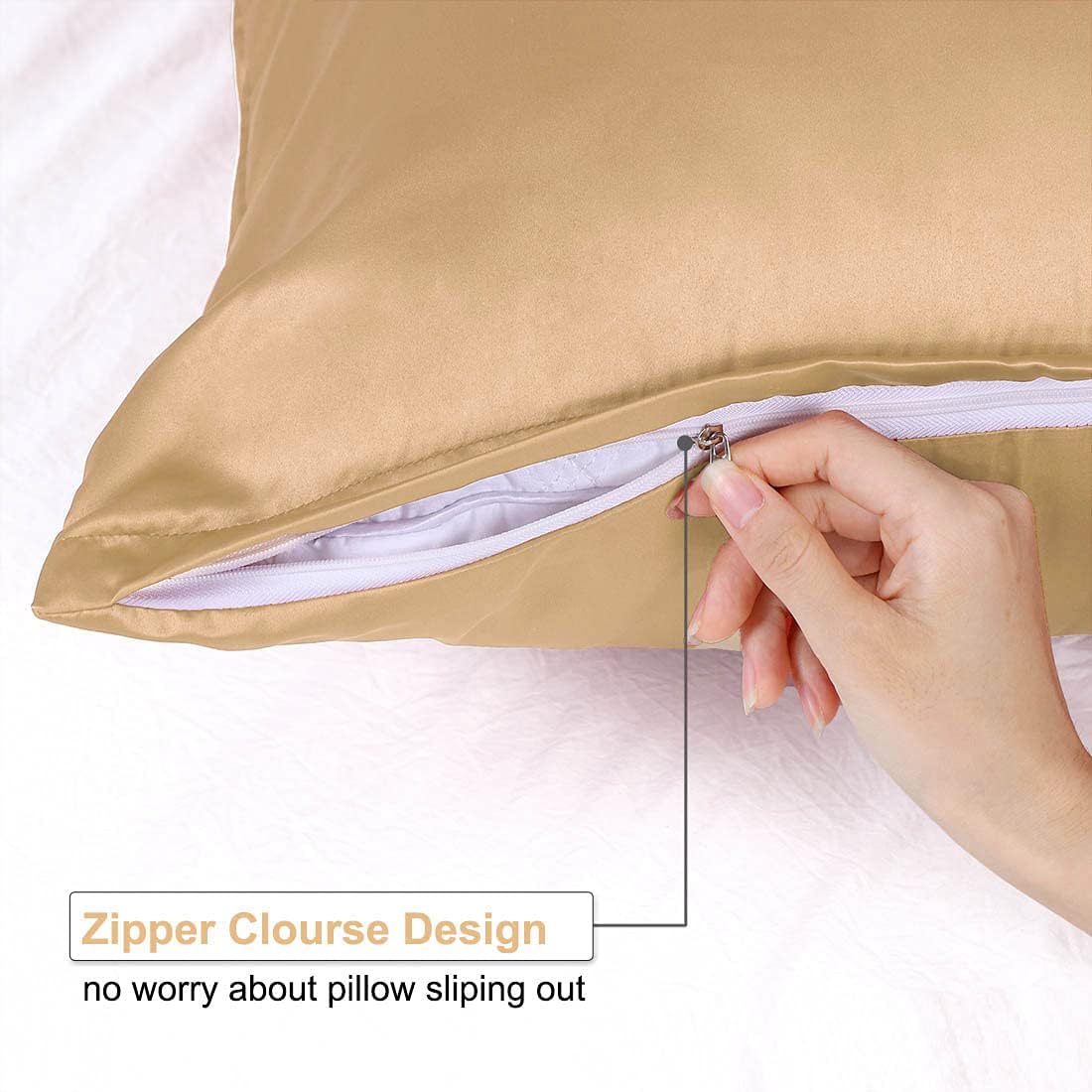 uxcell Standard Satin Pillowcase with Zipper, Super Soft and Luxury, Silky Pillow Cases Covers Set of 2, 21"x27", Gold