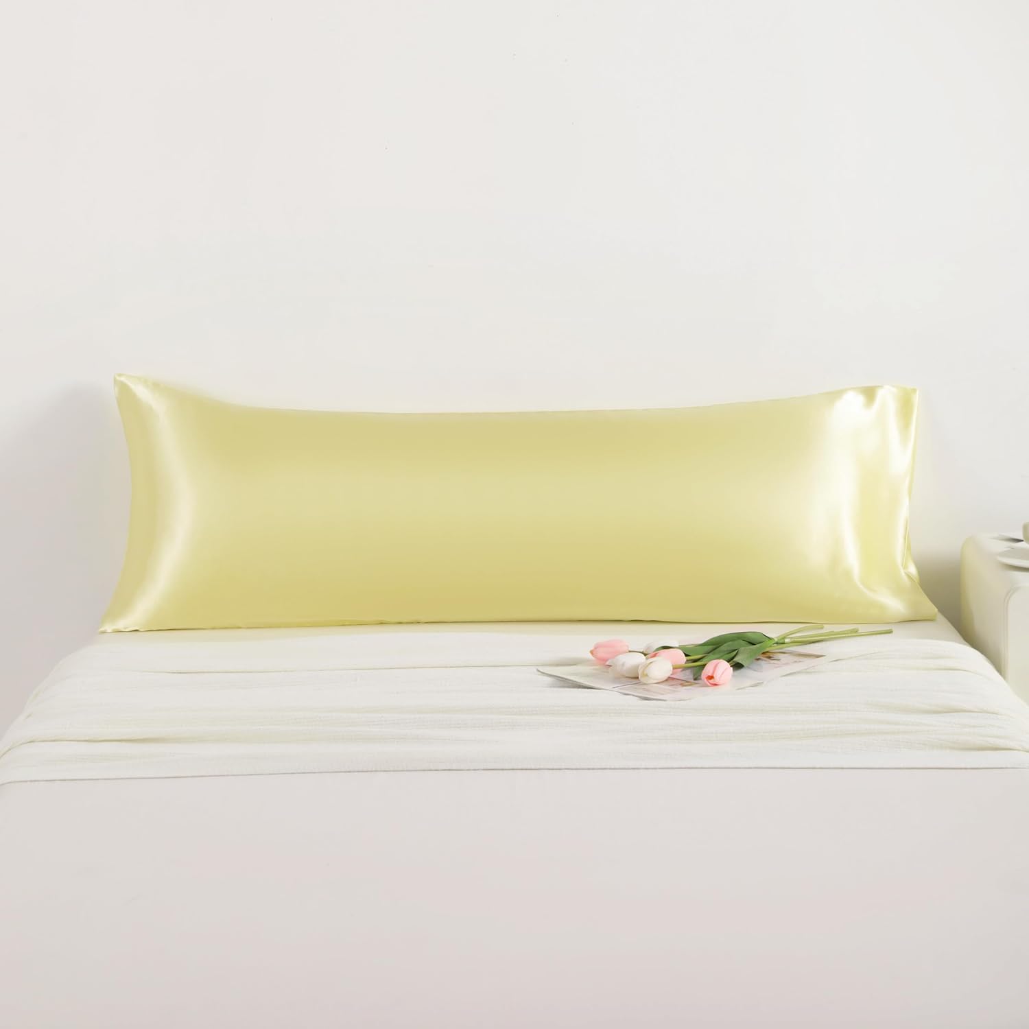 Ntbay Satin Body Pillowcase for Hair and Skin, Luxurious and Silky Pillow case with Envelope Closure, 20x54 Inches, Light Yellow 54 Inches