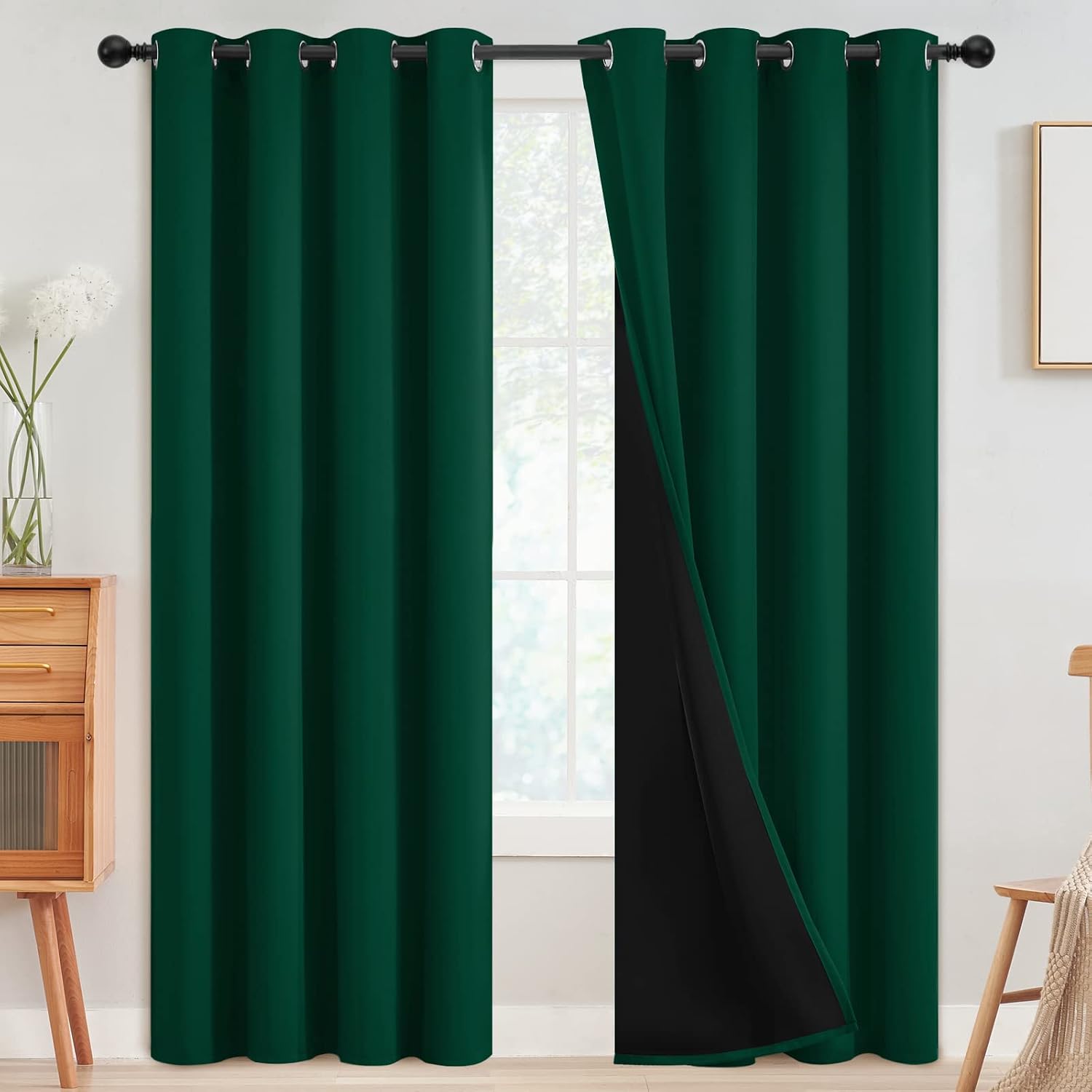 SimpleHome 100% Blackout Curtains for Bedroom, Thermal Insulated Grommet Window Drapes Room Darkening Dark Green Curtains for Living Room wi…
