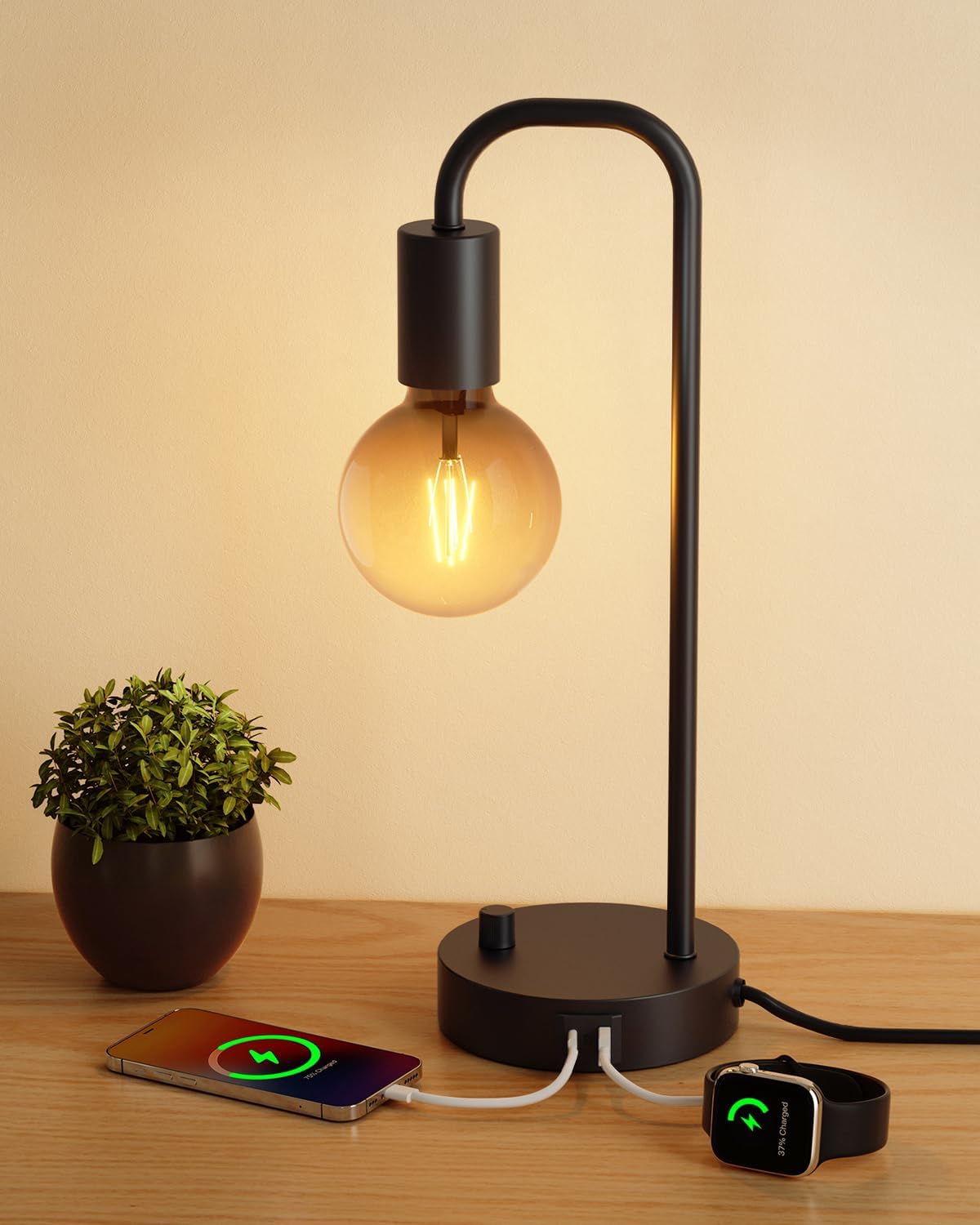 ONEWISH Industrial Table Lamp with 2 USB Port, Fully Dimmable Nightstand Bedside Lamps for Bedroom, Desk Lamps with 2700K Black Gradient…