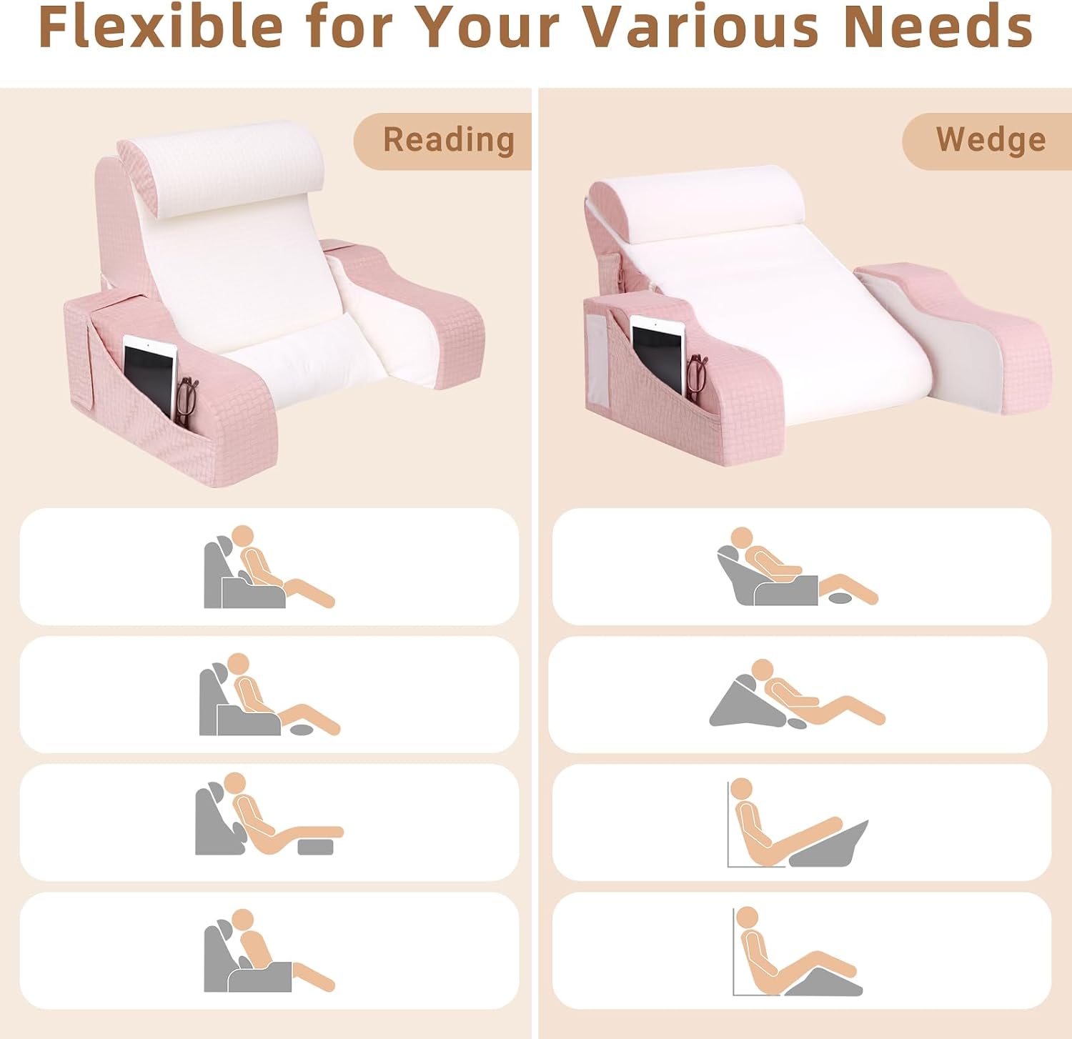 Esuerdo 5PCS Reading Pillow for Sitting in Bed Adult, 2 in 1 Foldable Back Wedge Pillow for Sleep, Ergonomic Back Support Pillow with Arms…