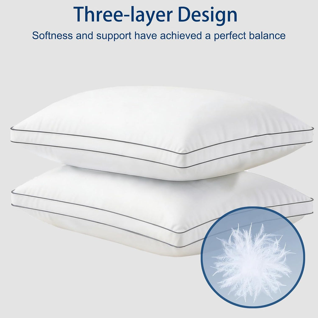 Goose Down Pillow Standard Size - 3-Chamber Gusseted Design for Balanced Neck Support - Luxury Hotel Collection Bed Pillow - Soft Medium…
