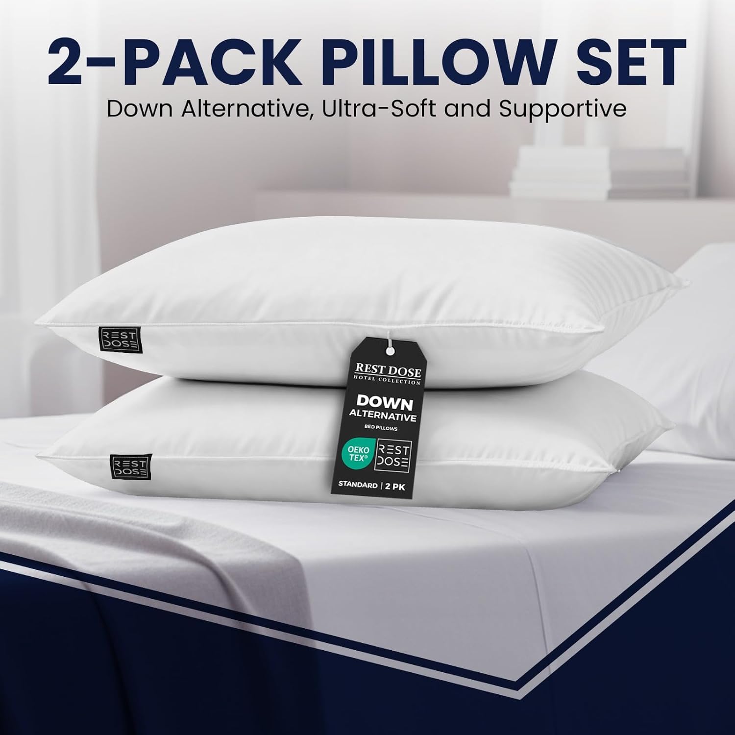 REST DOSE Bed Pillows for Sleeping, Set of 2 – Cooling, Hotel Quality with Soft Down Alternative Fill for Back, Stomach & Side Sleep…