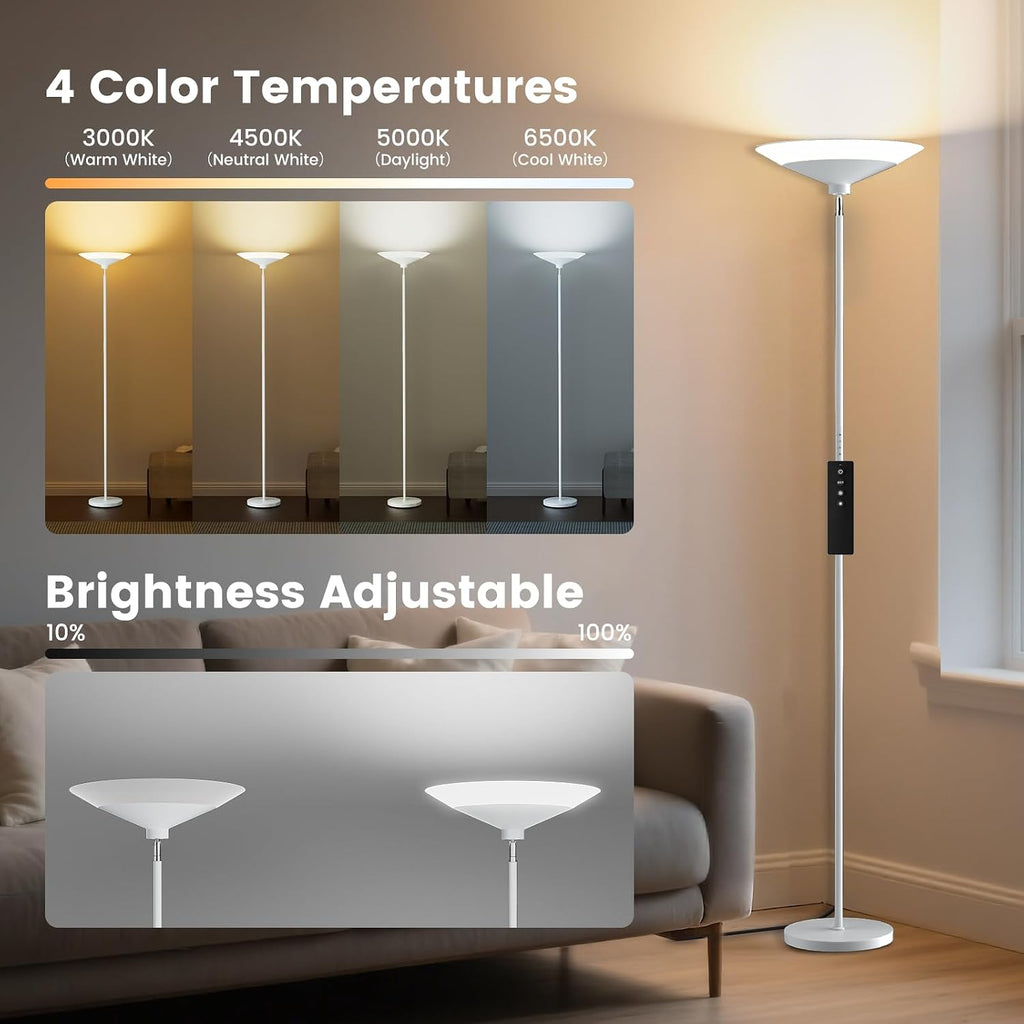 SIBRILLE White Torchiere Floor Lamp - 30W Dimmable LED Standing Lamp with Remote/Button Control, 1800Lm, 3000-6500K, 72in Bright Standing…