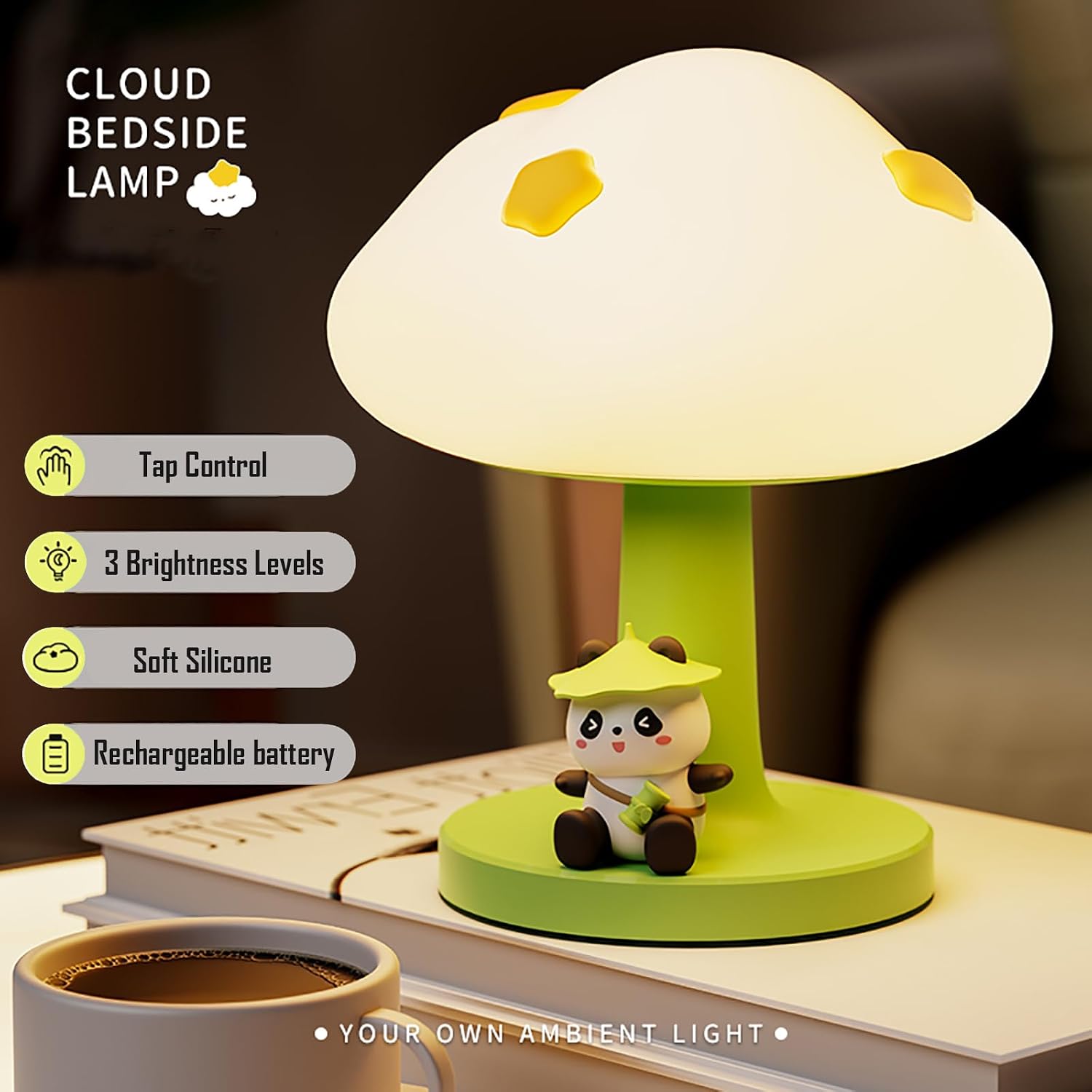Cloud and Panda Rechargeable Night Light, Safe Soft Silicone Material, 3 Brightness Levels, Tap Control, Warm Light, Toddler Sleeping…