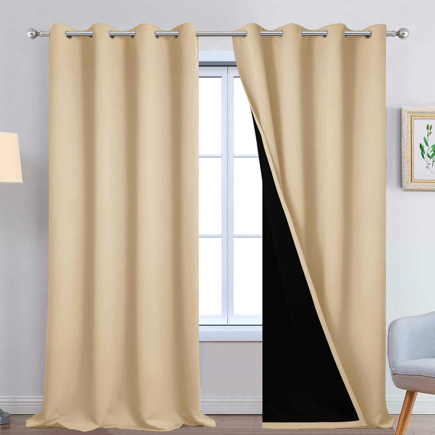 Yakamok 108 Inches Long Thermal Insulated 100% Blackout Curtains for Bedroom with Black Liner, Double Layer Full Room Darkening Noise Reduc…