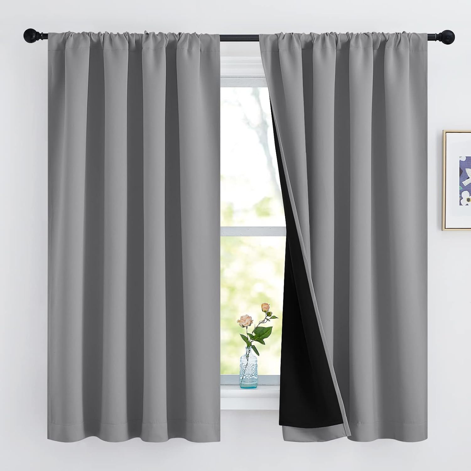Nicetown 100% Blackout Curtains 63 inches Long, Soft Thermal Insulated Rod Pocket 2-Layer Lined Drapes, Energy Efficiency Window Draperies…