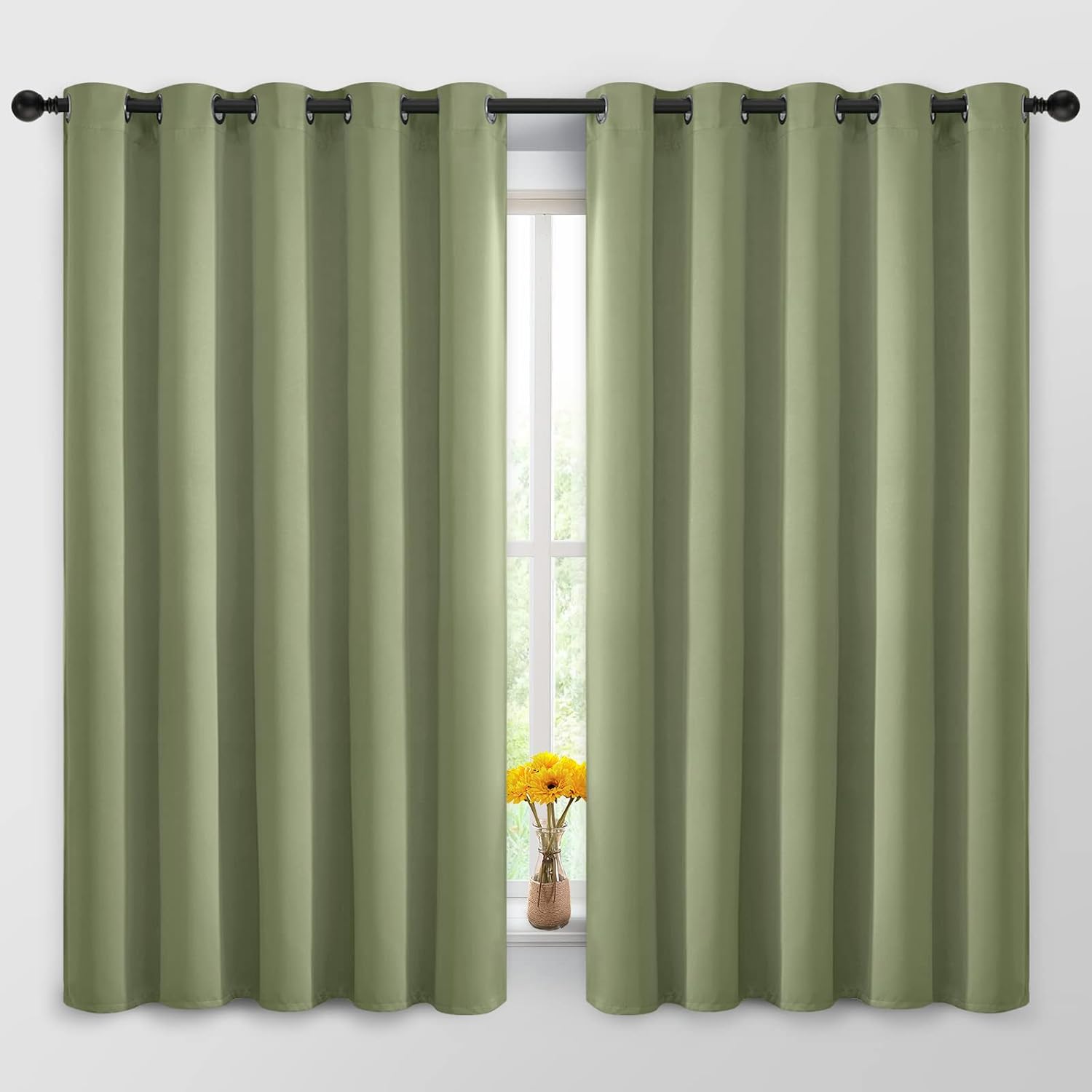 Yakamok 63 Inch Long Blackout Curtains Room Darkening Thermal Insulated with Grommet Window Curtain for Bedroom, 62Wx63L inch, Sage…