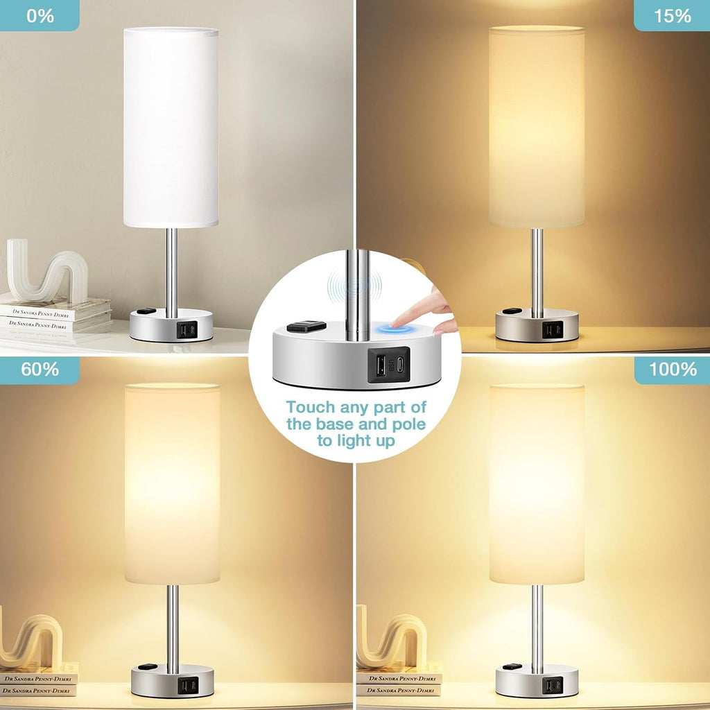 Fenmzee White Touch Bedroom Table Lamp - 3 Way Dimmable Bedside Lamp USB C A Charging Ports and AC Outlet, Small Lamp Nightstand with…