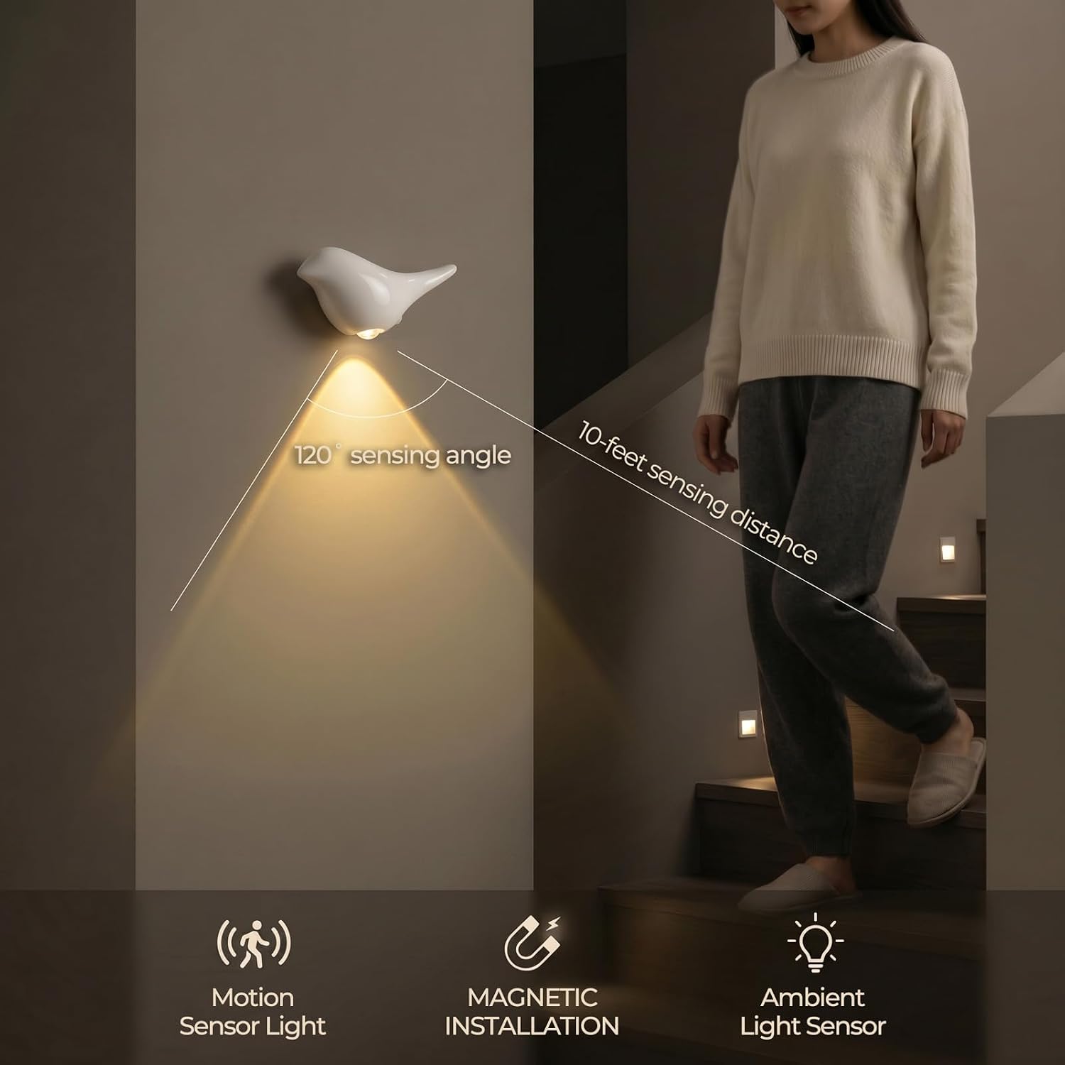 White Motion Sensor Night Light Indoor, Magnetic Wall Lamp, Rechargeable LED Bird Lamp, Wireless Stick On Light with Warm Soft Glow, Auto…