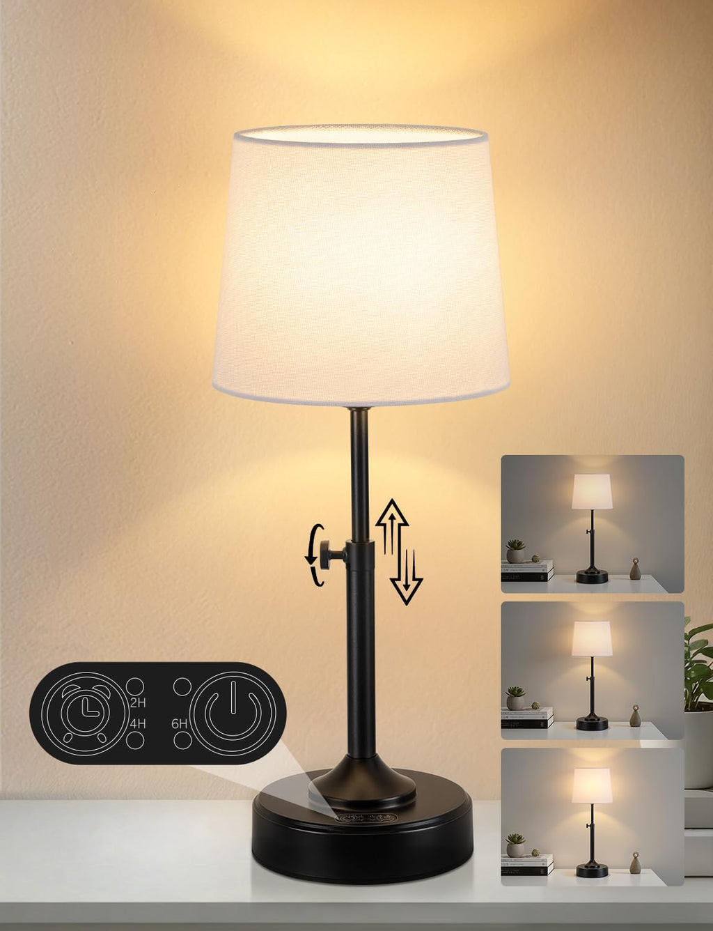 Height Adjustable Cordless Table Lamp Rechargeable with Timer, 3-Way & Stepless Dimmable LED Battery Operated Table Lamp, Wireless…