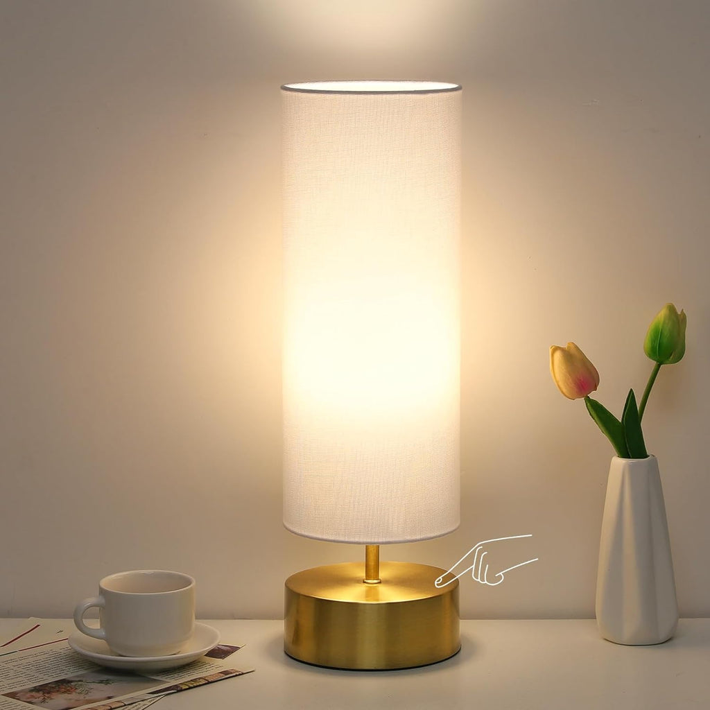 3-Way Dimmable Table Lamp, Touch Control Nightstand Lamp with White Lampshade, Gold Modern Bedside Touch Lamp Simple Side Table Lamp…