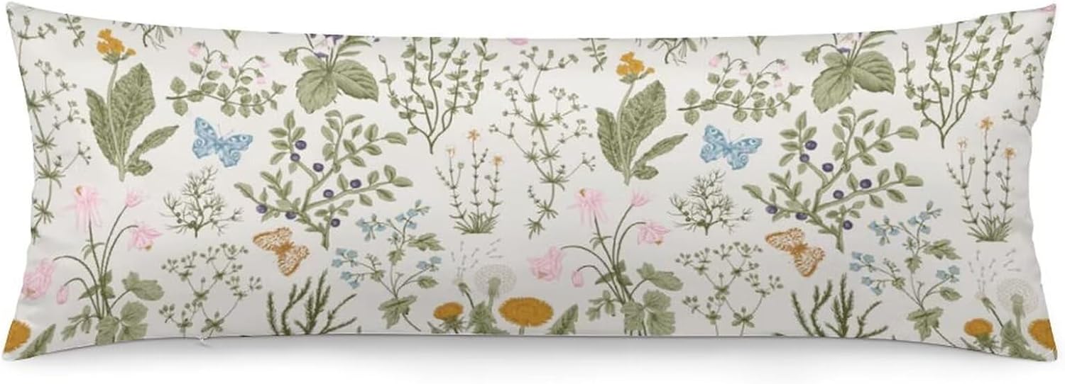 Body Pillow Cover Pattern Printed Body Pillowcase Vintage Wildflower Herbs Floral Rustic Butterfly Decorative Rectangle Long Pillow Cases…