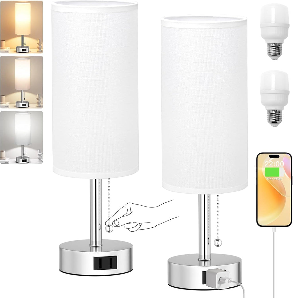 Fenmzee White Silver Bedside Table Lamps Set of 2-3 Color Temperatures Pull Chain Lamp with AC Outlet Charging Port, Two Round Night…