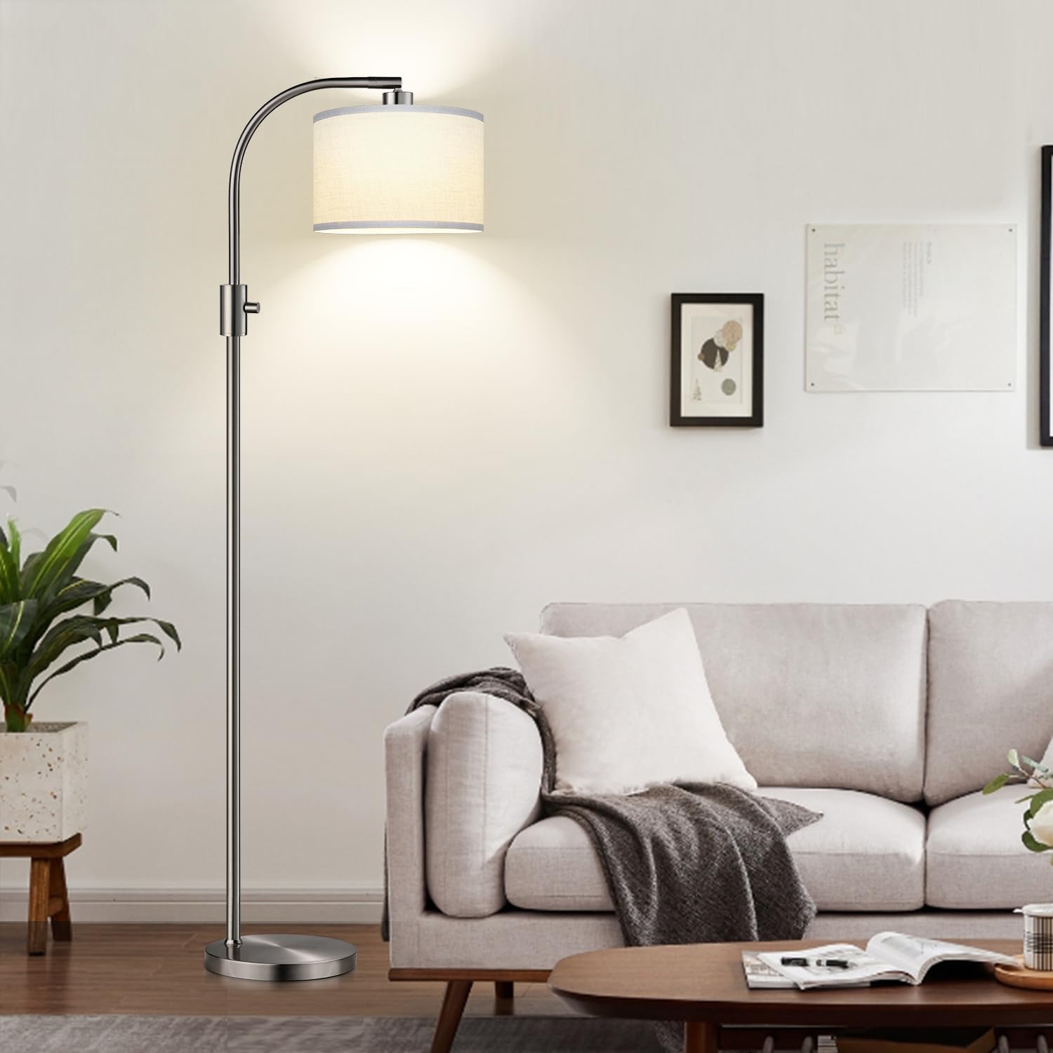 Nintiue Upgraded Modern Arc Dimmable Tall Standing Floor Lamp with Linen Shade, 1200 Lumens LED Bulb Included, for Living & Reading Room…