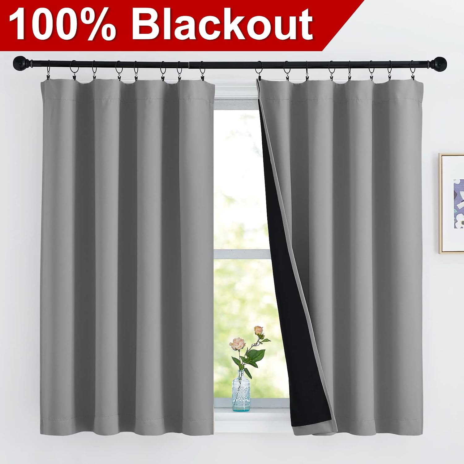 Nicetown 100% Blackout Curtains with Black Liners, Thermal Insulated Rod Pocket Full Blackout 2-Layer Lined Drapes, Noise Reducing Window D…