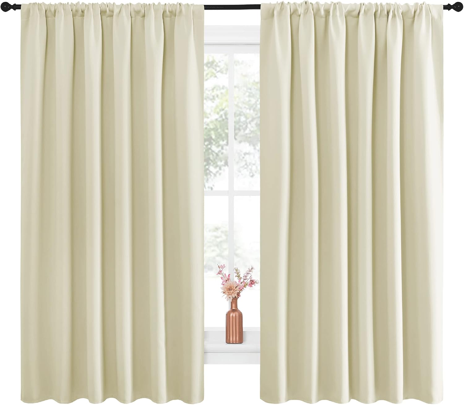 NICETOWN Blackout Curtains for Bedroom, Home Decorations Thermal Insulated Solid Rod Pocket Blackout Drapes for Cafe (Beige, One Pair, 70…