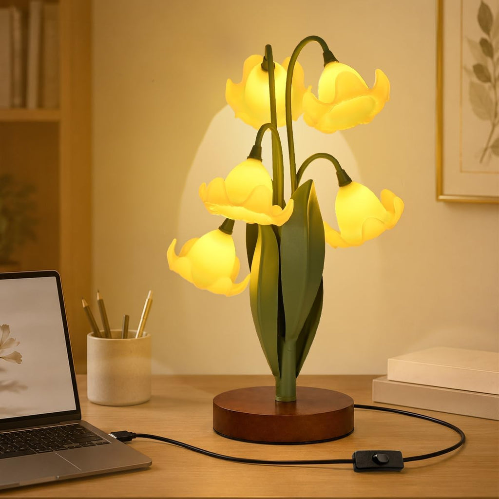 Flower Table Lamp for Bedroom, Cute Reading Light with 5 Yellow Magnolia Flower of The Valley, Desk Lamp Bedside Lamps for Nightstands…