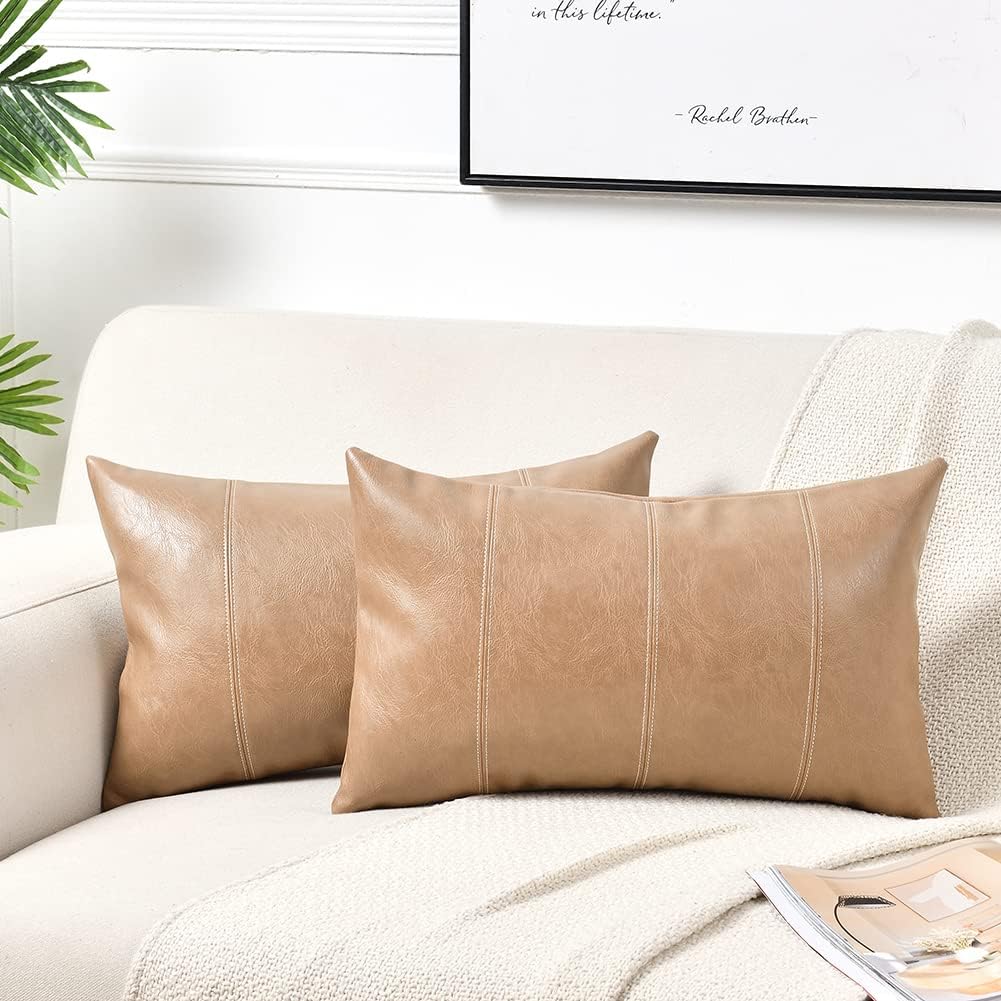 Fancy Homi Tan Long Lumbar Waterproof Faux Leather Decorative Throw Pillow Covers 14x24 Inch for Living Room Couch Bed, Beige Hand…