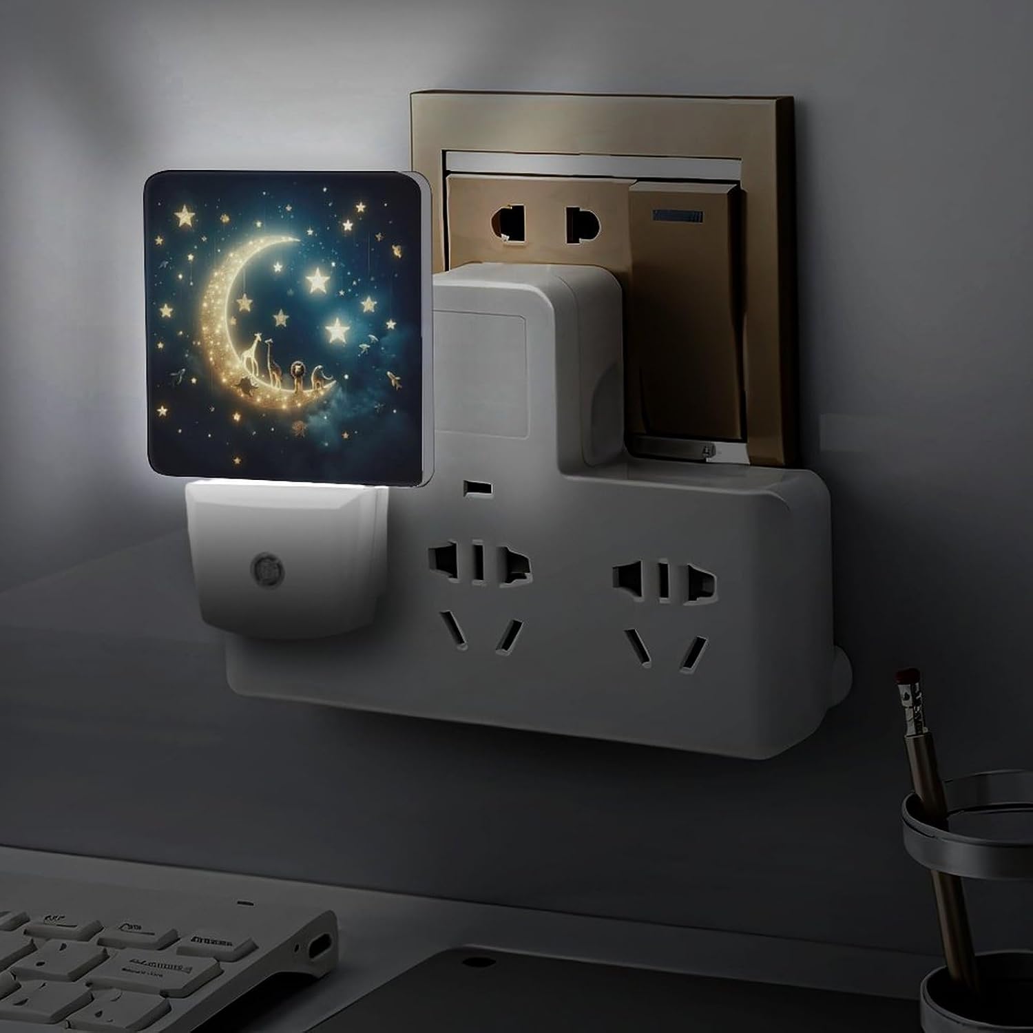 YKJAHSD Moon and Starry Sky Night Light, Plug into Wall Decor Nightlights for Bedroom, Bathroom, Hallway, Kitchen, with Dusk to Dawn…