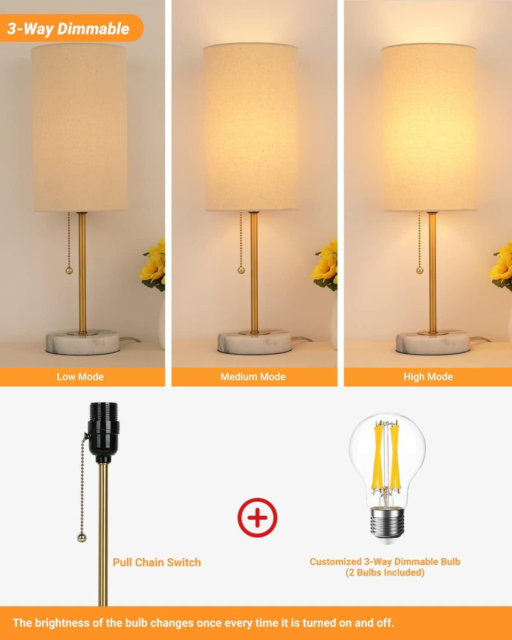 JUNNAI 18.5" Desk Lamp & Table Lamp Set of 2, Skinny Bedside Lamp with Marble Base, Pull Chain Switch, 3-Way Dimmable, Linen Fabric…
