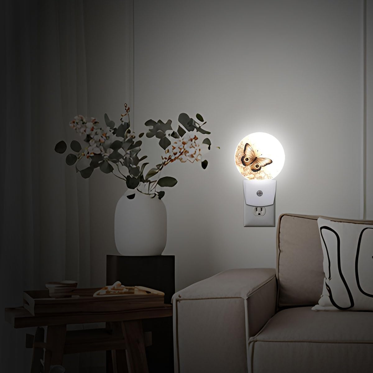 Butterfly Flowers Plug in Night Light Auto Light Round Lamps Energy Saving Gift for Women Men Friends