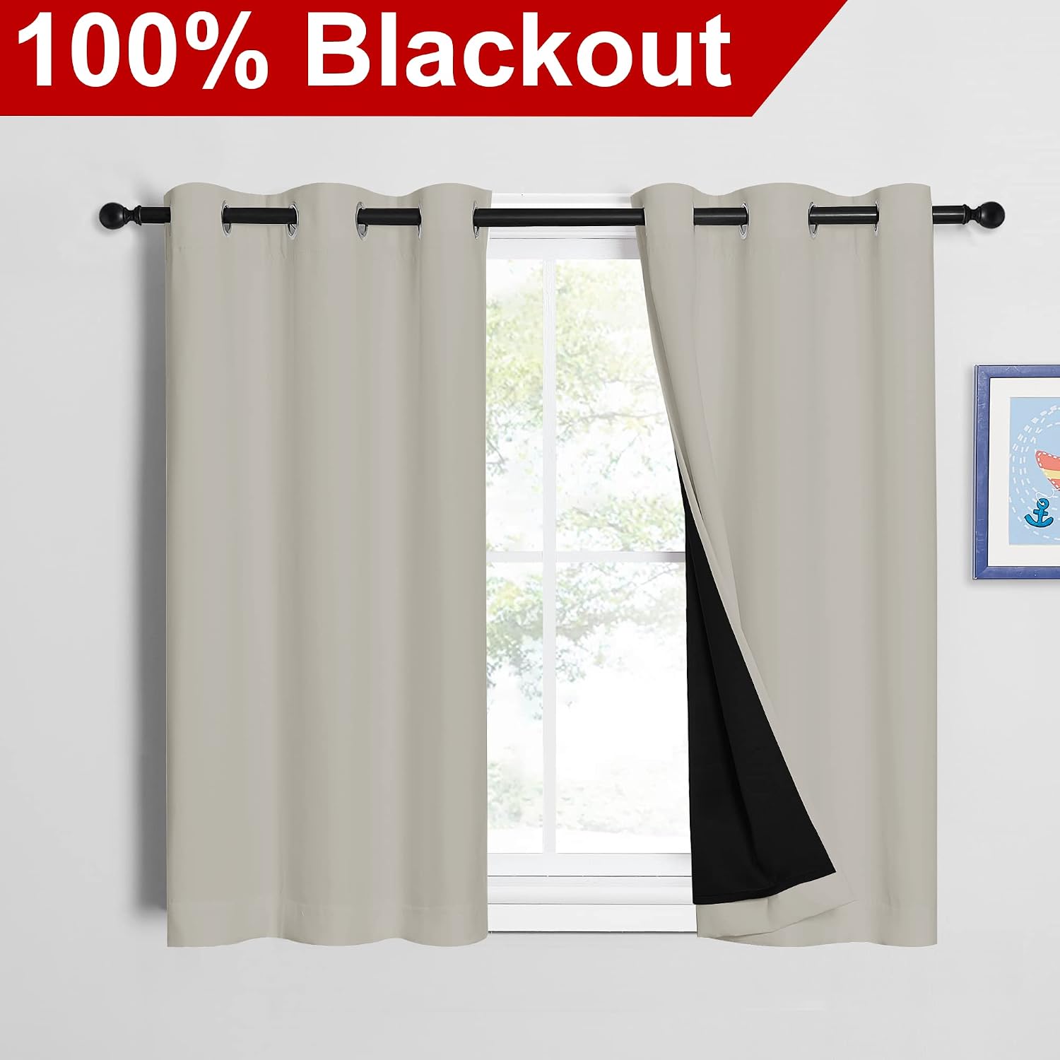 Nicetown Natural 100% Blackout Curtains 45 inches Long, 2 Thick Layers Completely Blackout Window Treatment Thermal Insulated Lined Drapes…