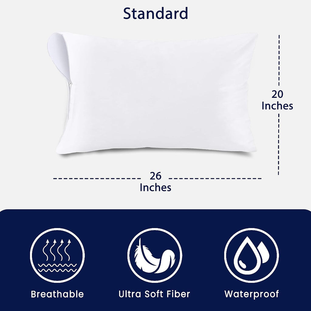 Waterproof Standard Size Pillow Protectors Set of 2 – Soft Microfiber Zippered Pillow Case Protector, Noiseless Breathable TPU Backed…