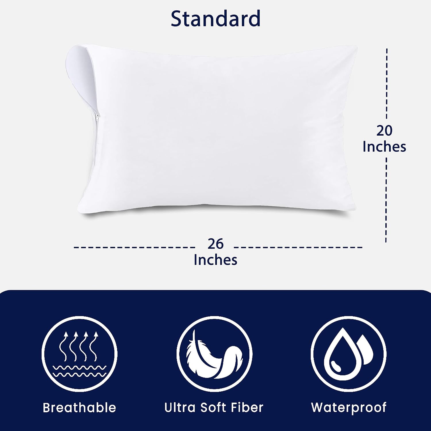 Waterproof Standard Size Pillow Protectors Set of 2 – Soft Microfiber Zippered Pillow Case Protector, Noiseless Breathable TPU Backed…