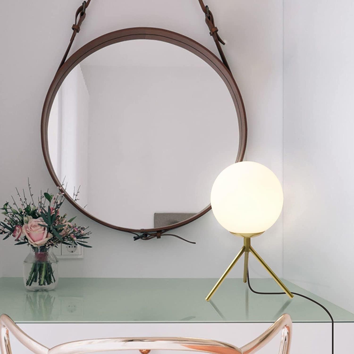 Bokt Mid Century Modern Table Lamp - Gold Glass Globe Desk Reading Lamp - Contemporary Minimalist Brushed Brass Bedside Desk Nightstand Ind…