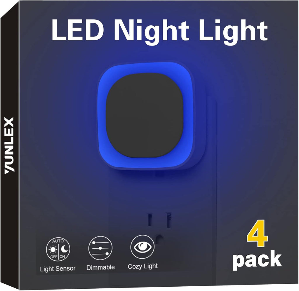YUNLEX 4 Pack Plug in Blue Night Light, Dusk to Dawn Sensor, LED Nightlight for Mood Lighting, Glare-Free Reflected Light, Dimmable, Auto…