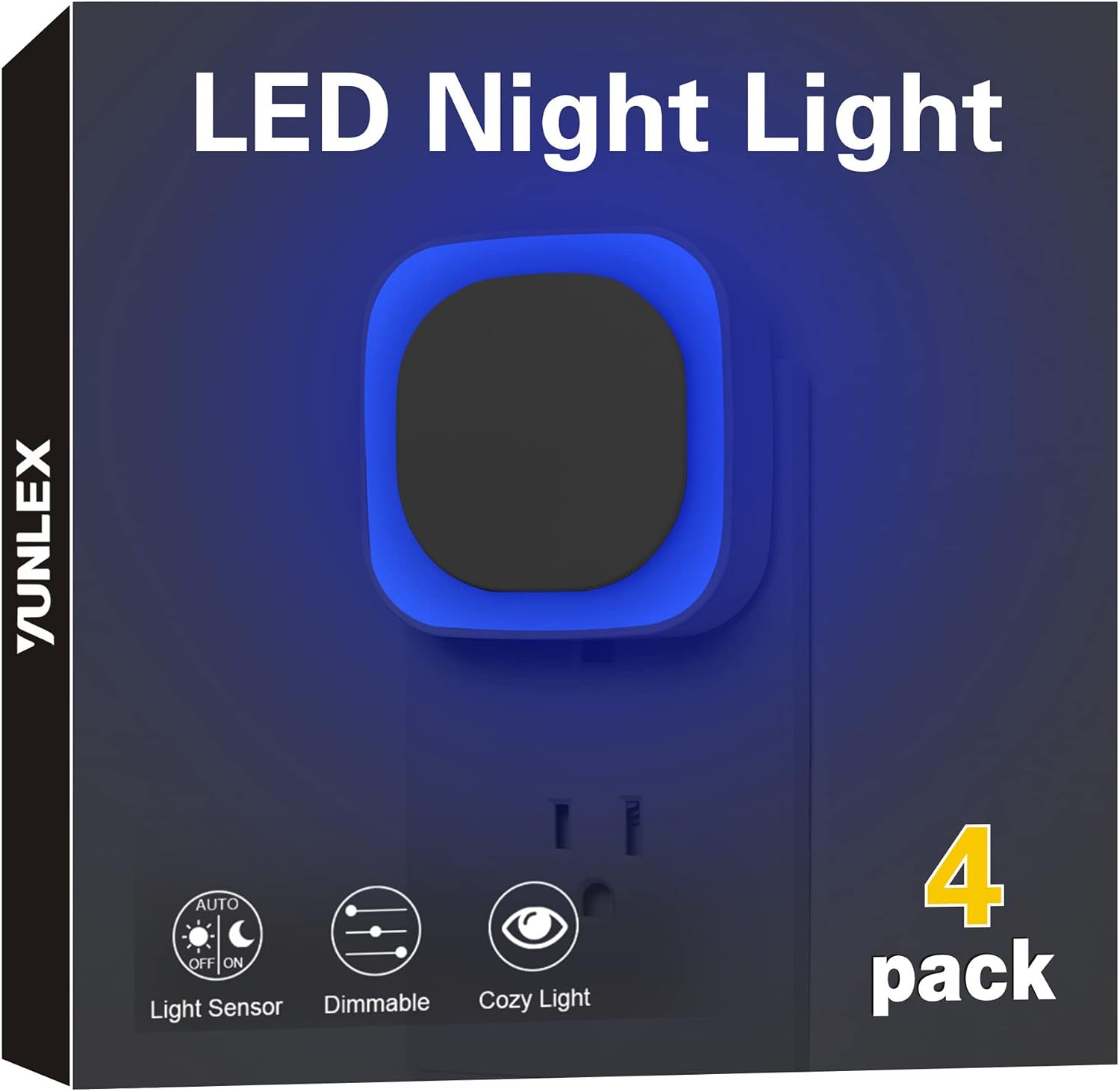YUNLEX 4 Pack Plug in Blue Night Light, Dusk to Dawn Sensor, LED Nightlight for Mood Lighting, Glare-Free Reflected Light, Dimmable, Auto…