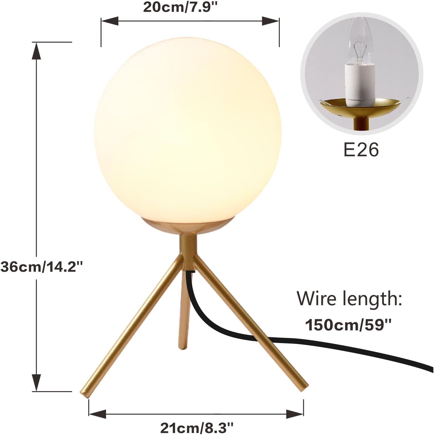 Bokt Mid Century Modern Table Lamp - Gold Glass Globe Desk Reading Lamp - Contemporary Minimalist Brushed Brass Bedside Desk Nightstand Ind…