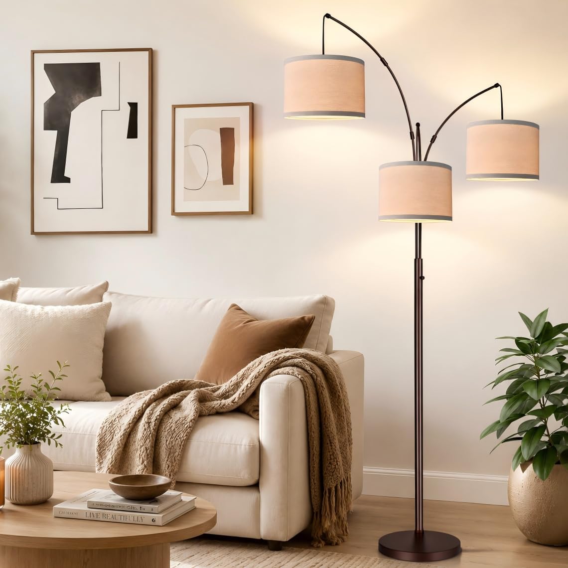 Dimmable Floor Lamp - 3 Lights Arc Floor Lamps for Living Room, 1000LM Modern Tall Standing Lamp With Beige Shades, Mid Century Tree…