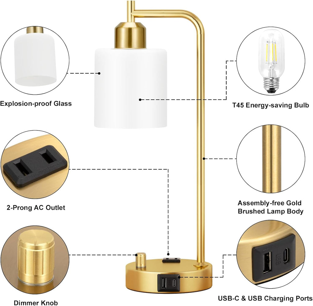 Innqoo Industrial Table Lamps for Bedroom Set of 2 - Fully Dimmable Bedside Lamps with USB Ports and Outlet, Gold Nightstand Lamps with…