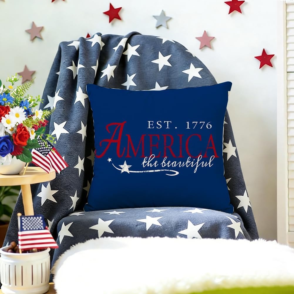 Rabusofa 4th of July Throw Pillow Covers 18x18 Inch, Patriotic Signs Red White and Blue Memorial Day Independence Day Fourth of July Outdoor…