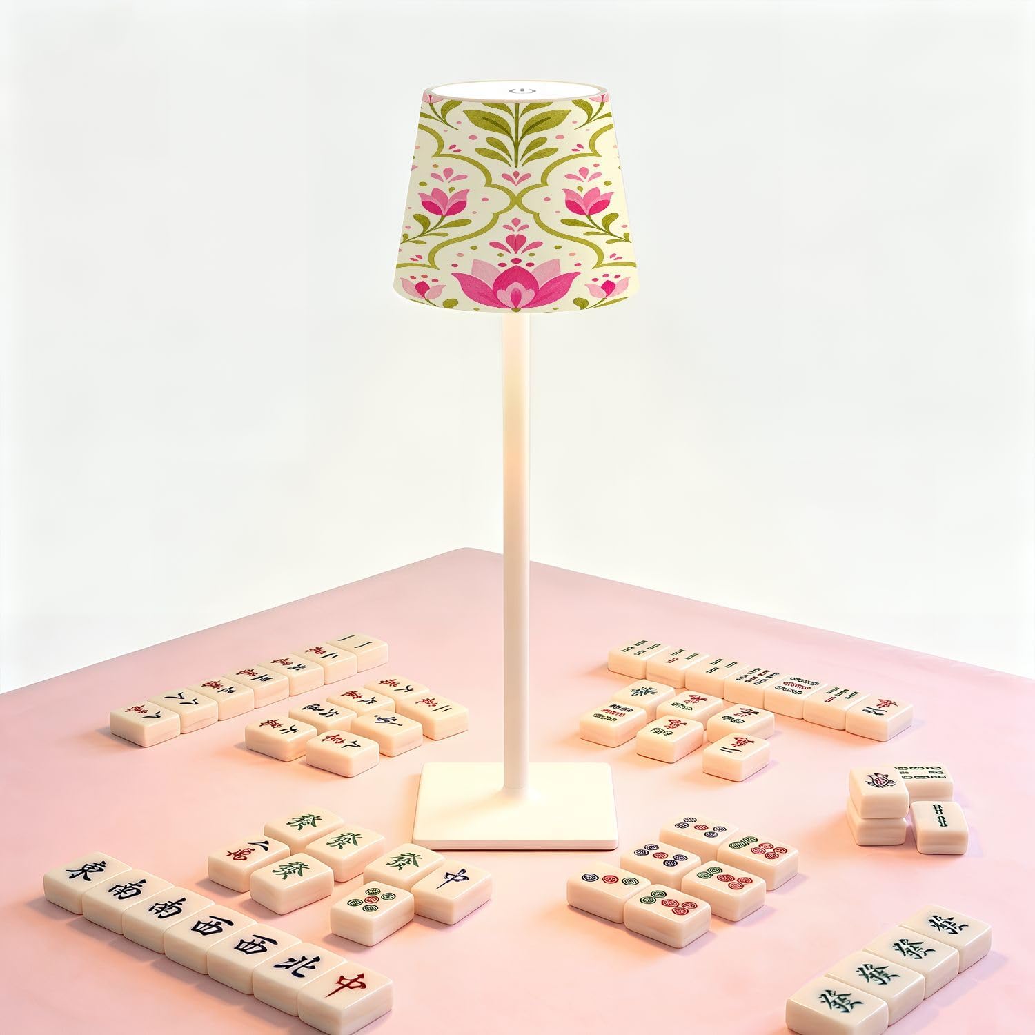Cordless Mahjong Lamp Pink Floral Tulip Stylized Blossoms Green Leaves Cream Small LED Lamp 3 Color Dimmable Rechargeable Lamps for Mah…