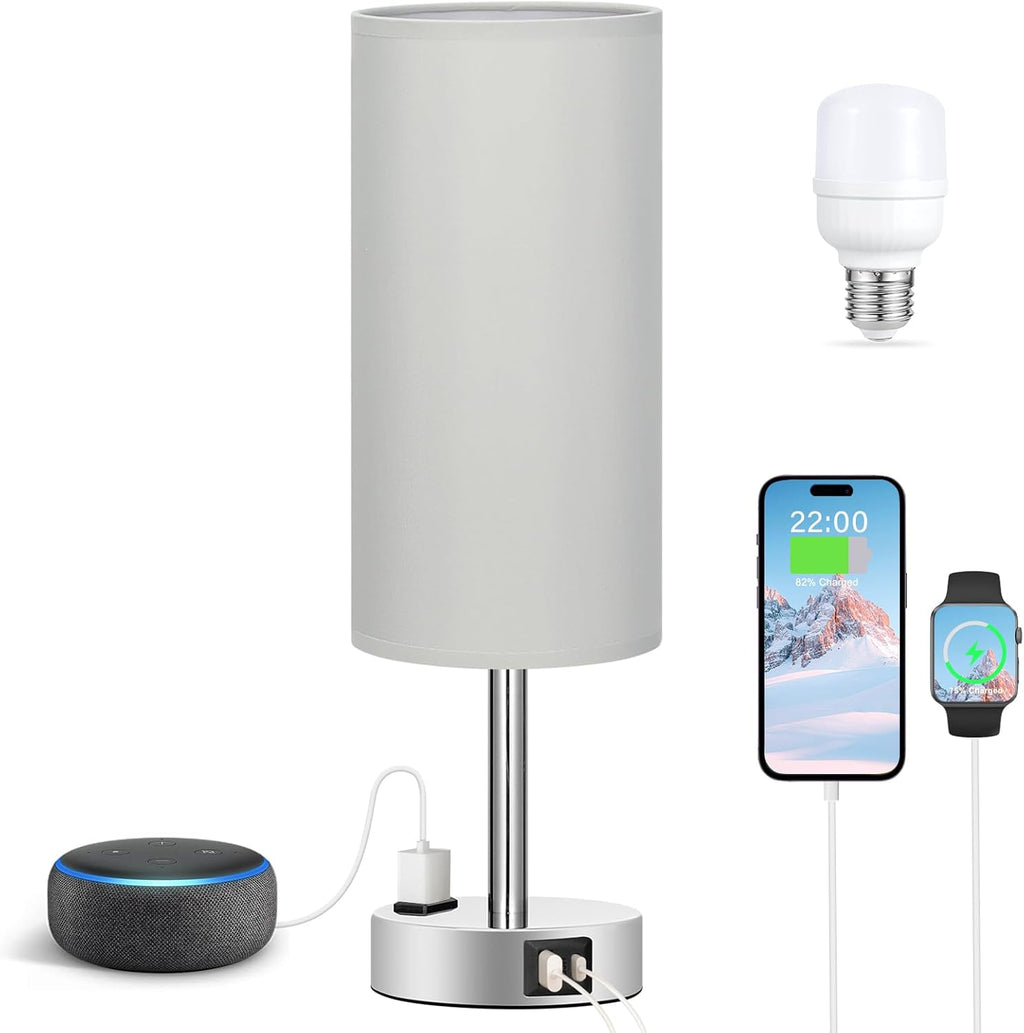 Fenmzee Light Grey Table Lamp for Nightstand - 3 Way Dimmable Touch Bedside Lamp USB C and A Charging Ports and AC Outlet, Small Desk…