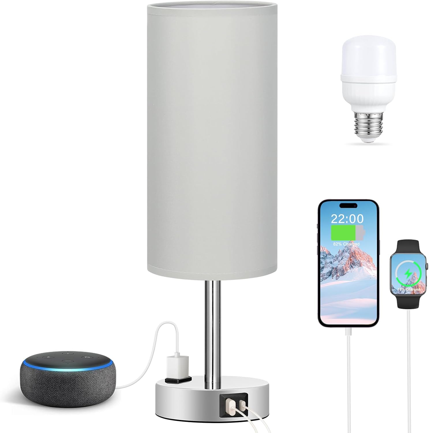 Fenmzee Light Grey Table Lamp for Nightstand - 3 Way Dimmable Touch Bedside Lamp USB C and A Charging Ports and AC Outlet, Small Desk…