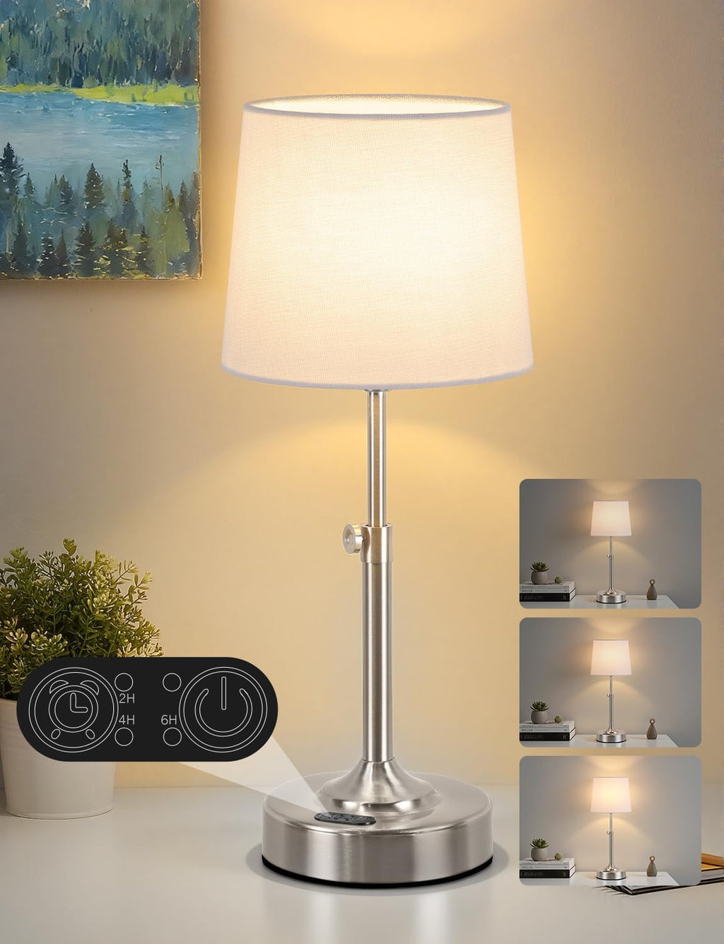 Height Adjustable Cordless Table Lamp with 2H/4H/6H Timer, Rechargeable Battery Operated Lamp Dimmable, Portable Battery Lamp for Camping…
