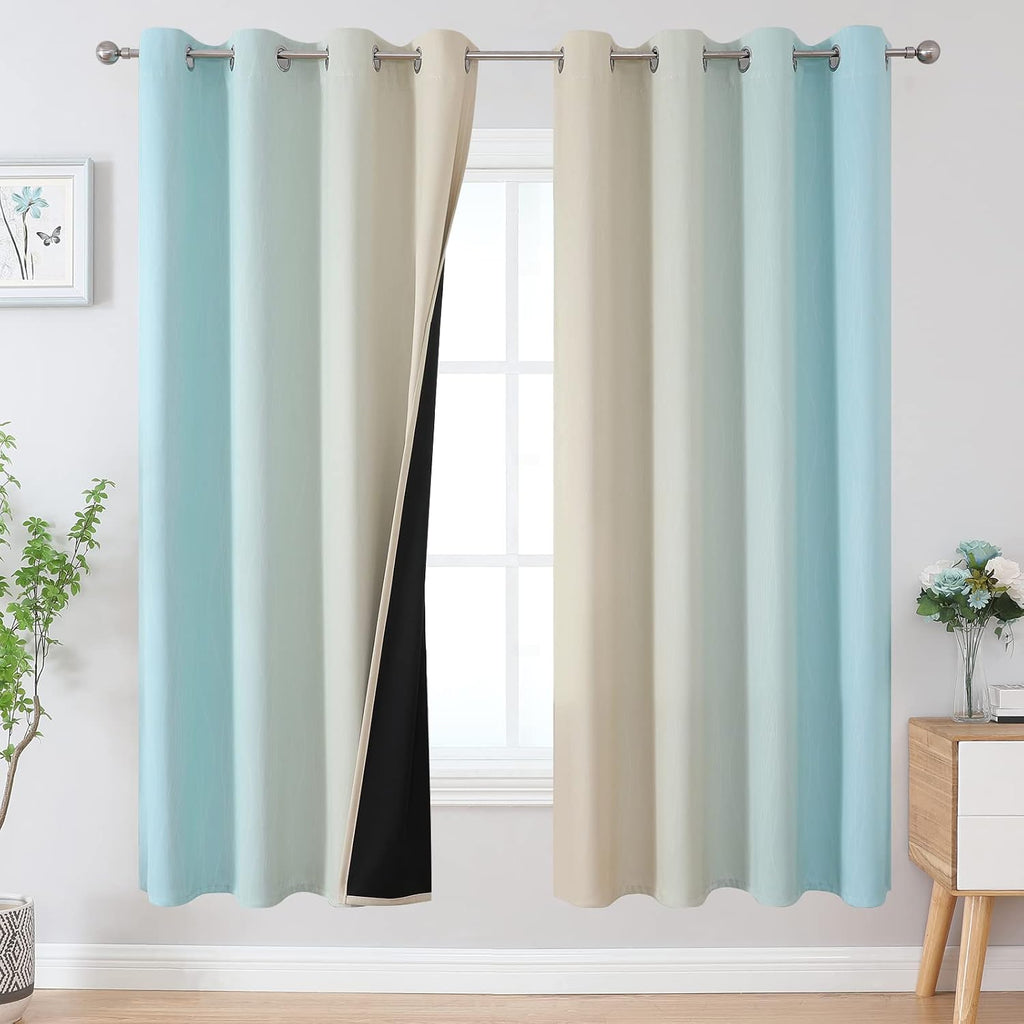 Estelartextiler Estelar Textiler Full Room Darkening Gradient Blackout Curtains 72 Inch Length 2 Panels Set, Ombre Aqua and Beige Thermal I…