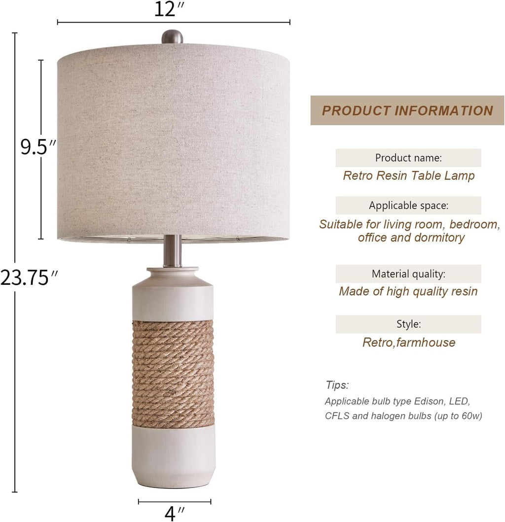 OYEARS 23.75" Bedside Table Lamps Set of 2 for Sleeping and Reading, Vintage Farmhouse Rattan Table Lamp Antique White Resin Lamp for…
