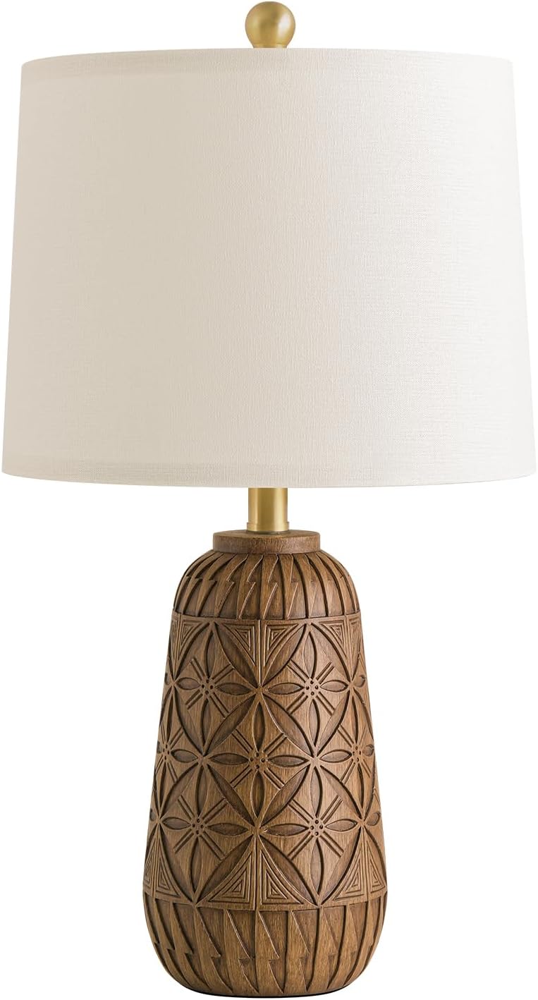 BOBOMOMO 24" Modern Farmhouse Table Lamp, Geometric Hand-Carved Resin Bedside Lamp with Wood Grain Finish, Rustic Nightstand Lamp for…