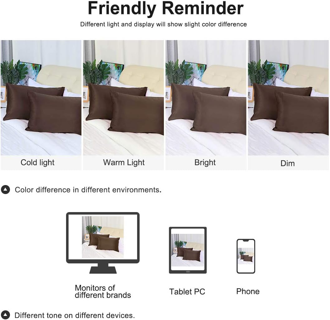 uxcell Standard Satin Pillowcase with Zipper, Super Soft and Luxury, Silky Pillow Cases Covers Set of 2, 21"x27", Brown