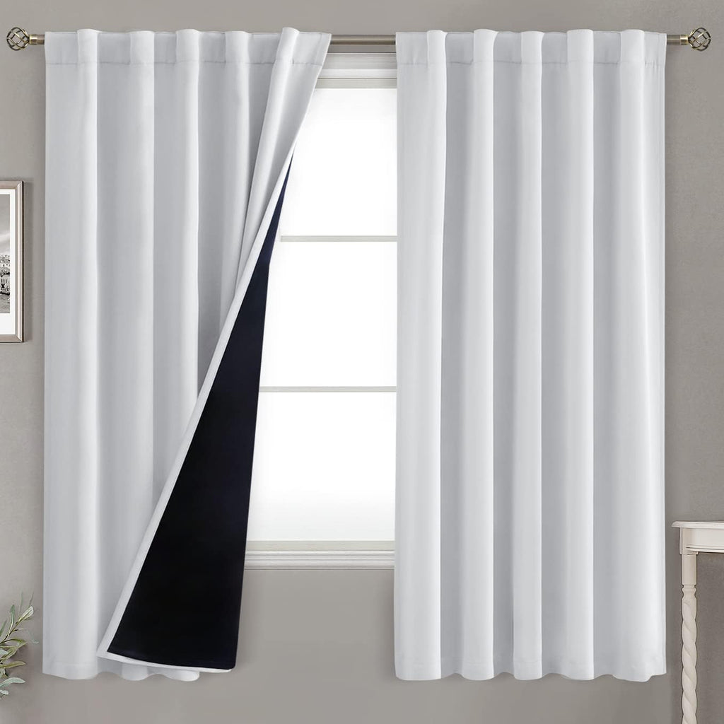 BGment Greyish White 100% Blackout Curtains 63 Inches Long with Noise-reducing Liner, Rod Pocket and Back Tab Double Layer Room Darkening…
