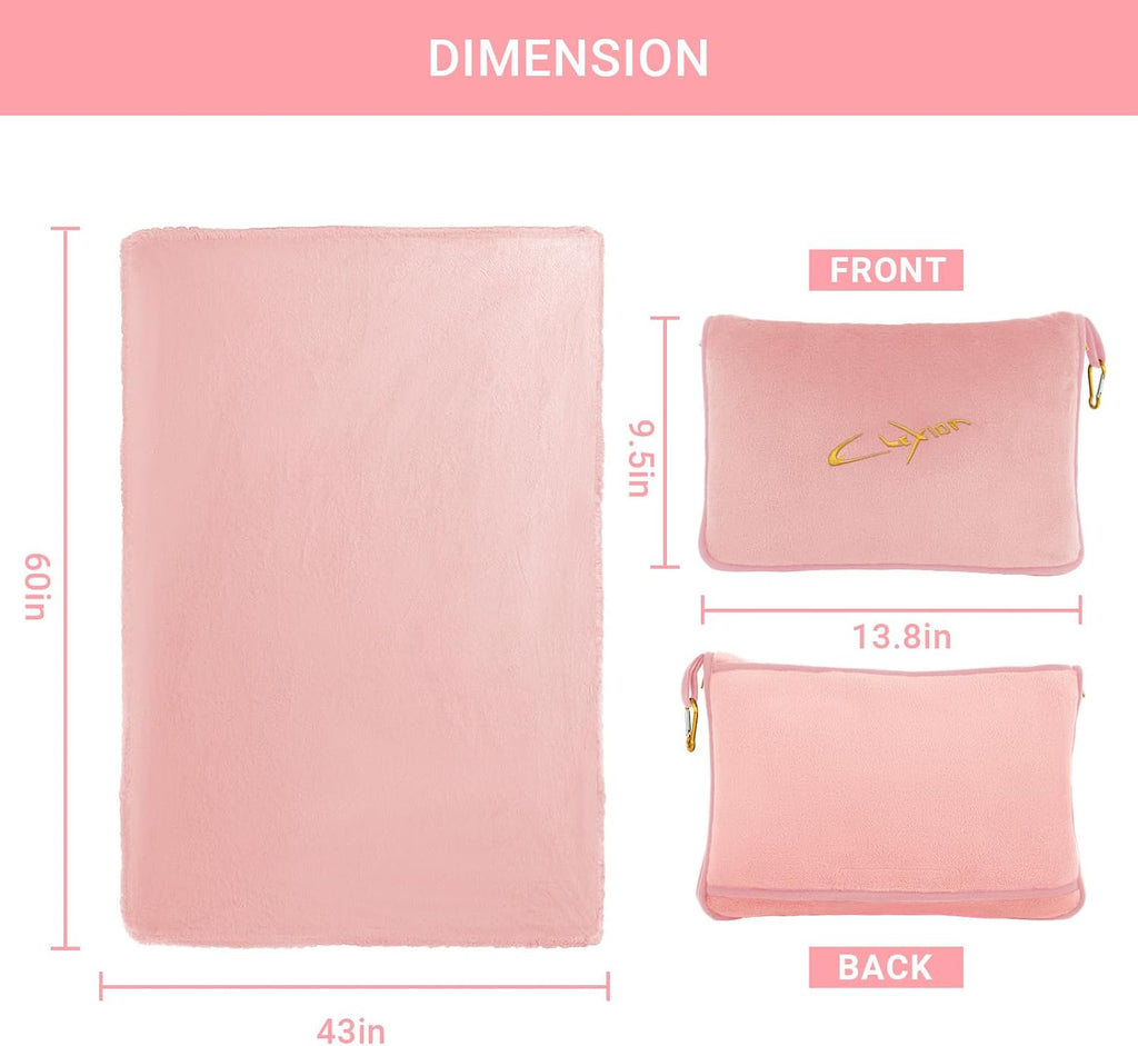 Travel Blanket and Pillow Set, 300 GSM Soft Fleece, 60x43 Inches, 3-in-1 Compact with Bag, Pink