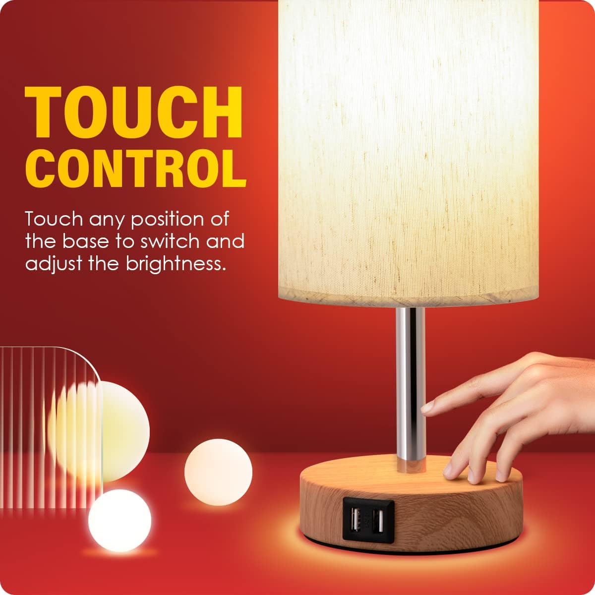 Yarra-Decor Bedside Lamps with USB Port - Touch Control Table Lamp for Bedroom Wood 3 Way Dimmable Nightstand Lamp Set of 2 with Round…